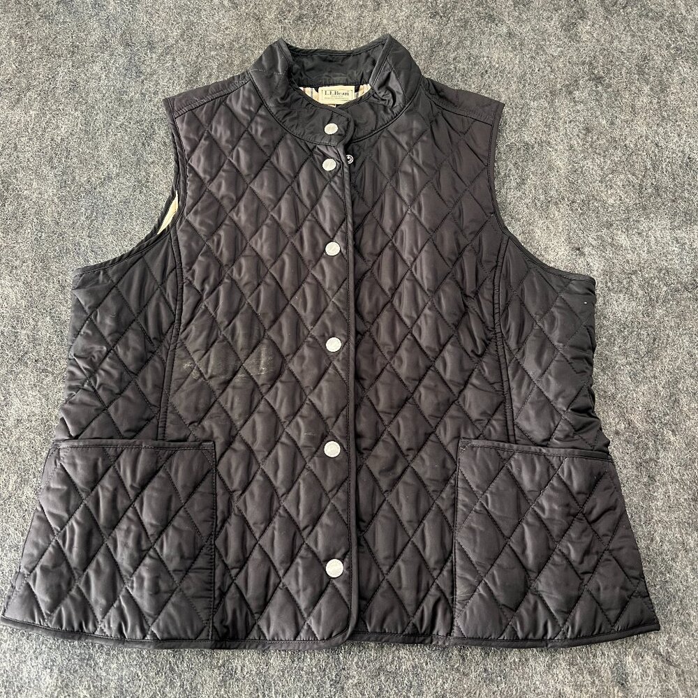 LL Bean Women Large Petite Plaid Lined Quilted Snap Up‎ Vest Black